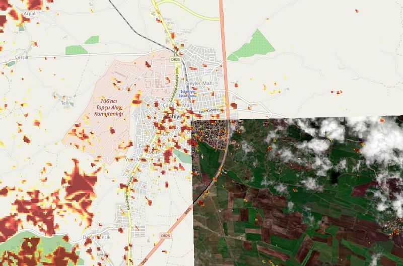 トルコ南部の都市イスラーヒエ周辺でALOS-2の被害推定マップとMaxarの2月7日観測画像を重ねたもの。(C)EOS-RS，Maxar