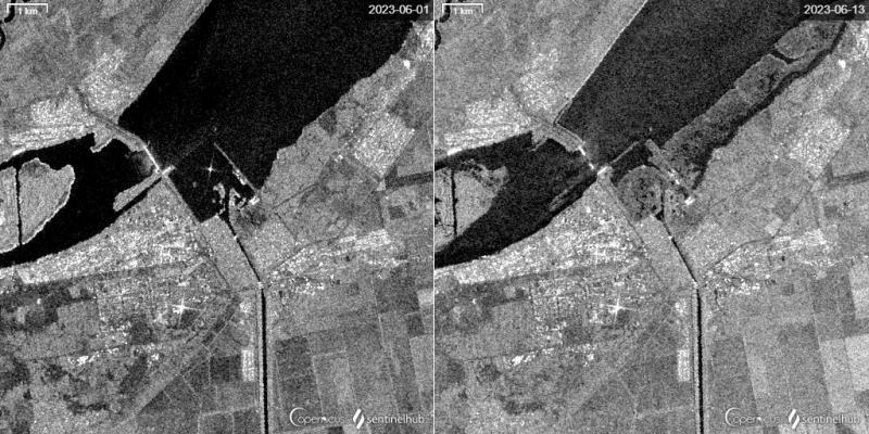 Sentinel-1画像から北クリミア運河の取水口付近を拡大したもの。(C)EU, Copernicus Sentinel data 2023