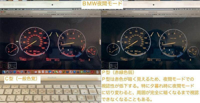 BMW3シリーズの夜間モードは文字が赤くなるため、Ｐ型色覚には暗くて見づらくなります（撮影筆者）。