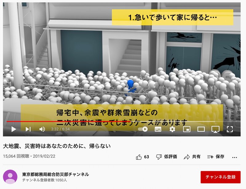 出典　東京都総務局総合防災部チャンネル　大地震、災害時はあなたのために、帰らない