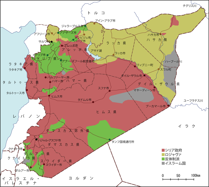 2017年12月18日現在のシリアの勢力図（筆者作成）