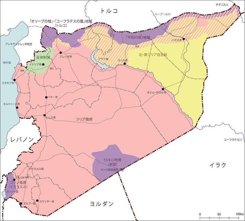 現在のシリアの勢力図（筆者作成）