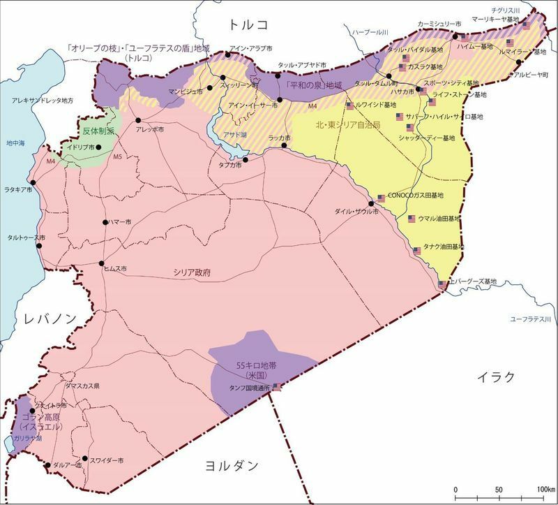 シリアの勢力図と米軍展開地：筆者作成