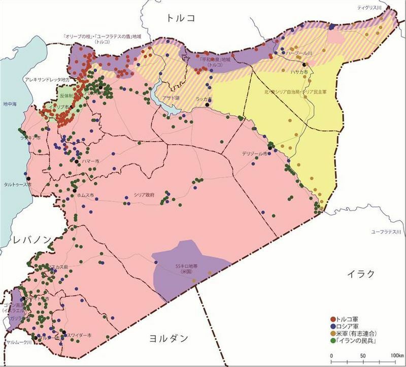 シリア国内の勢力図と外国軍の駐留状況（筆者作成）