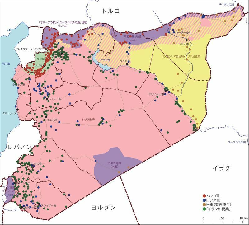 シリアの現在の勢力図と外国軍部隊の駐留状況（筆者作成）