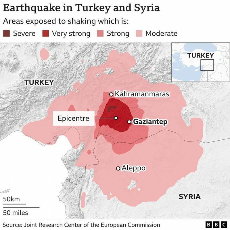 地図3　トルコ・シリア地震（BBC、2023年2月6日）