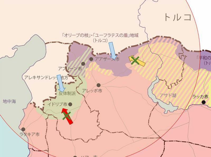 地図8　トルコ占領地とシャーム解放機構の支配地への支援の流れ（筆者作成）
