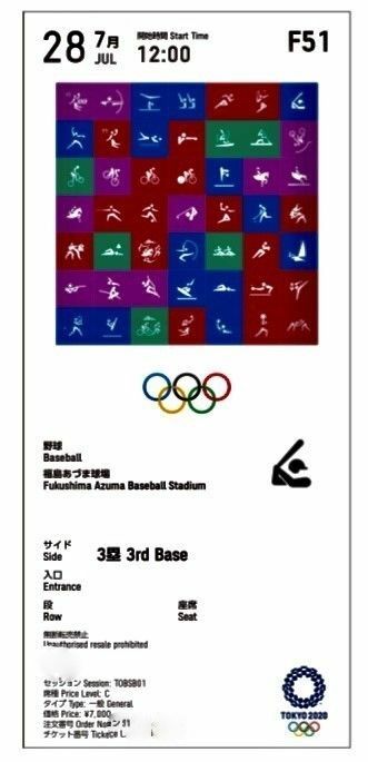 幻となった東京オリンピック野球チケット(一部改変,筆者の元に送られてきたメールのデータより）