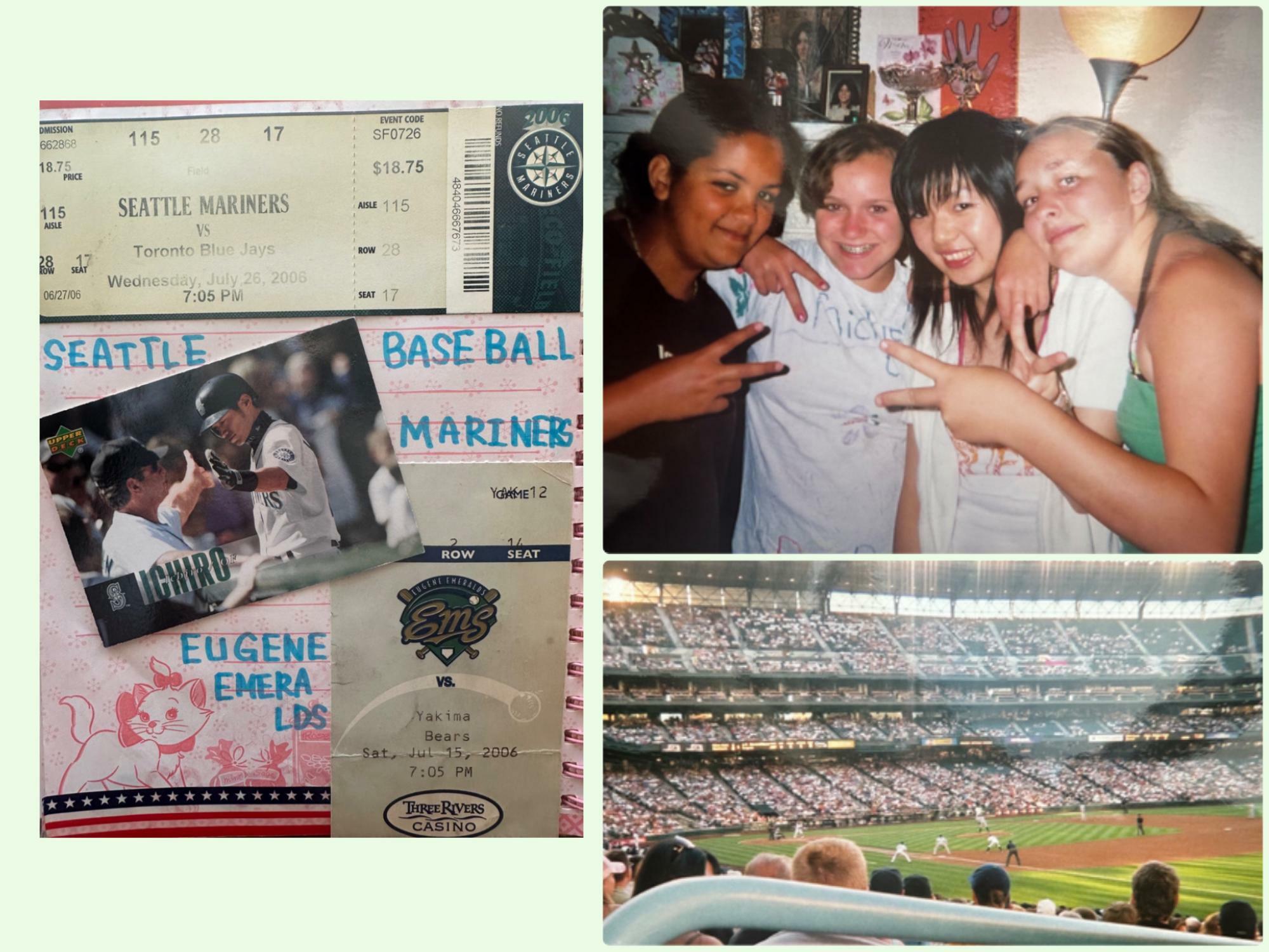 アメリカ留学時代の思い出…左：今でもたいせつにとってあるマリナーズのチケット（プリ帳より）、右上：ホームステイ先の家族と友人、右下：シアトルの球場（写真提供：本人）