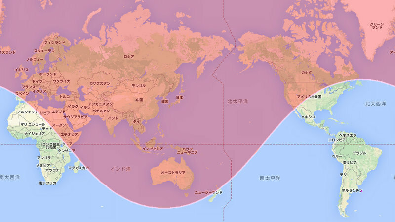 北朝鮮を中心とした半径1万km以内の地域