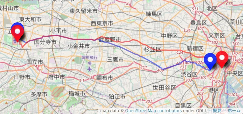 赤坂から立川までの行程。赤が内閣府想定。青がシン・ゴジラ劇中ルート（予想）