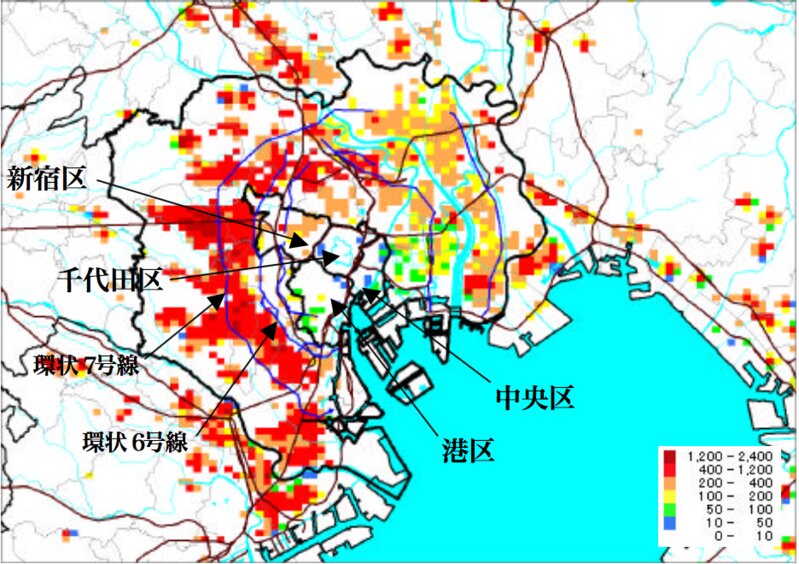 東京湾北部地震M7.3、18時、風速15mでの焼失頭数分布（「首都直下地震の被害想定」より）