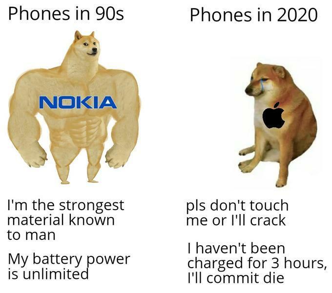 Swole Doge vs. Cheemsの例。「90年代の携帯は頑丈で電池も持ったのに、2020年のスマホは……」という皮肉を込めた趣旨（knowyourmeme.comより）