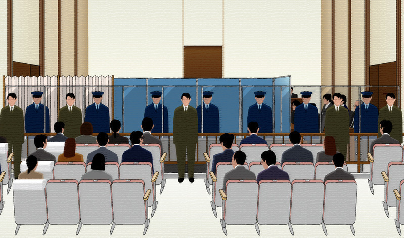 入廷時には青い遮蔽板の他にアコーディオンカーテンで証人の姿を隠す（イラスト転載不可）