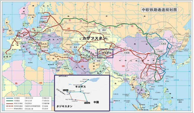 出典：中国班列建設発展計画(2016-2020)（紫の線で囲んだ拡大図の出典はThe Third Pole)