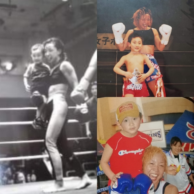 左が日本女子初の「リングで子供を抱っこ」シーン。ボクシング（右上）やタイでのムエタイ試合でも喜びのツーショットが残っている