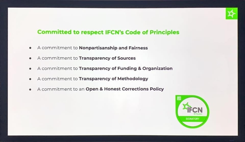 IFCN Code of Principles＝クリスティーナさんのプレゼン資料を筆者撮影