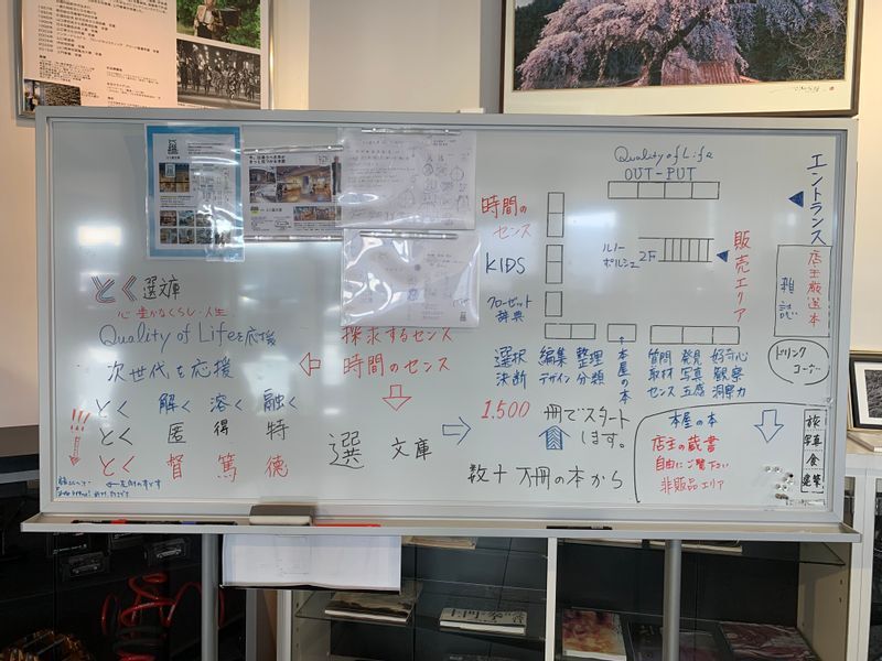 「とく選文庫」の書棚のテーマを示したホワイトボードの案内図。21世紀はセンスの時代だと考えた「会長の頭の中」を知るヒントにもなっている＝筆者撮影