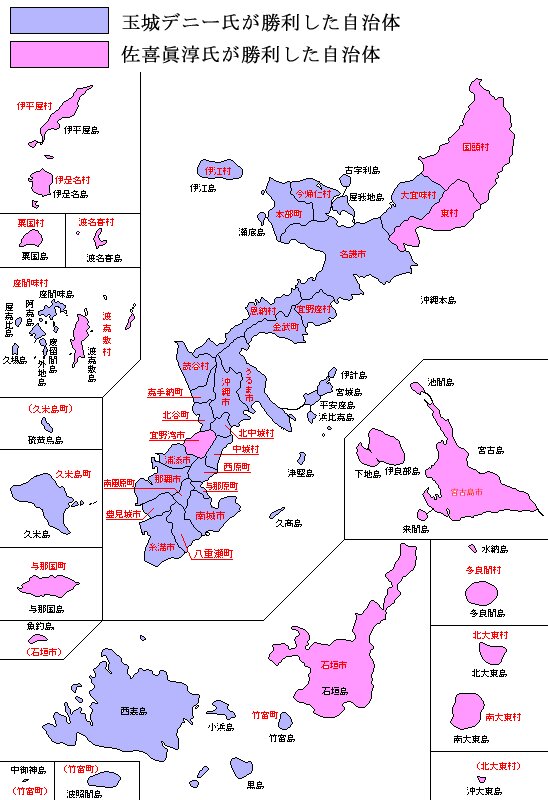 両陣営の勝敗図。沖縄県公開の白地図に筆者が色づけ。（http://www.pref.okinawa.jp/site/kikaku/tochitai/okimap.html）