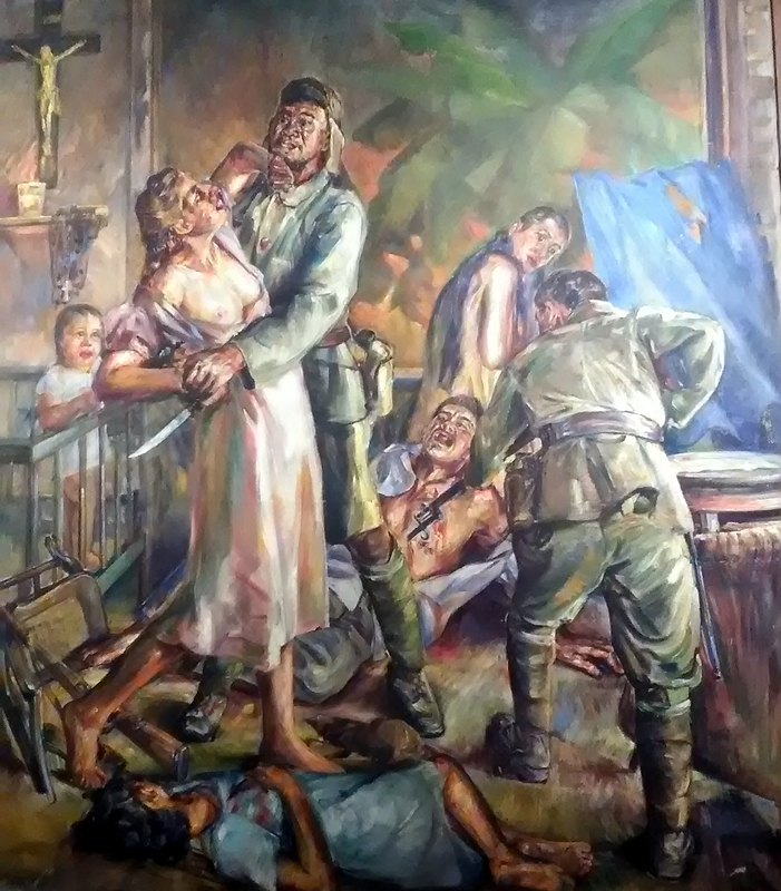 日本兵に暴行される在比米系の家族。フィリピン国立美術館所蔵、油彩。筆者撮影