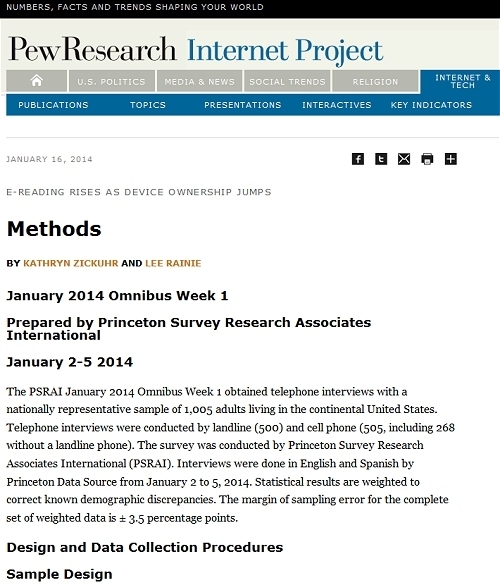 ↑ Pew Research社によるタブレット機に関する調査結果の「Method」(調査様式)項目。1ページを使って長々と説明している