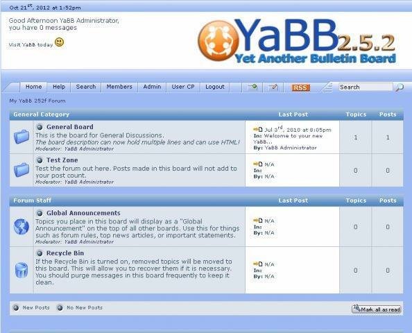 ↑ 欧米における掲示板の一例、YaBB(フリースクリプト)。名前などを登録し、ログインしないと書き込みが出来ない(管理側の操作で、登録しなくても書込みできるモードへの切り替えも可能)