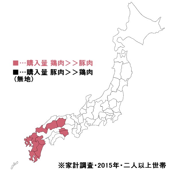 ↑ 都道府県別・「豚肉」「鶏肉」の年間消費(購入)分量の高低(2015年)