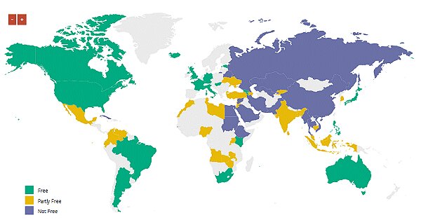 ↑ インターネット上の自由度マップ(2015年分)(緑…自由、黄色…やや自由、紫…不自由、灰…未調査)