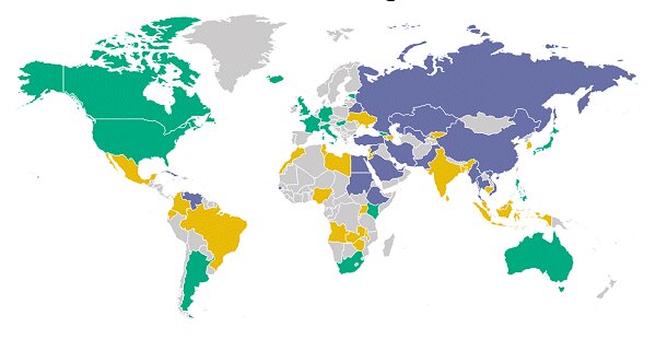 ↑ インターネット上の自由度マップ(2017年分)(緑…自由、黄色…やや自由、紫…不自由、灰…未調査)(「Freedom on the Net 2017」から抜粋)