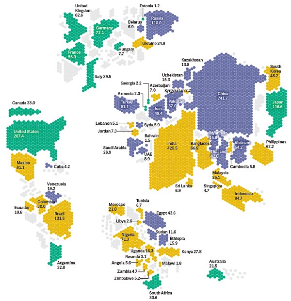 ↑ インターネット上の自由度マップ(六角形の数はインターネット人口、緑…自由、黄色…やや自由、紫…不自由、灰…未調査)(2018年)(「Freedom on the Net 2018」から抜粋)