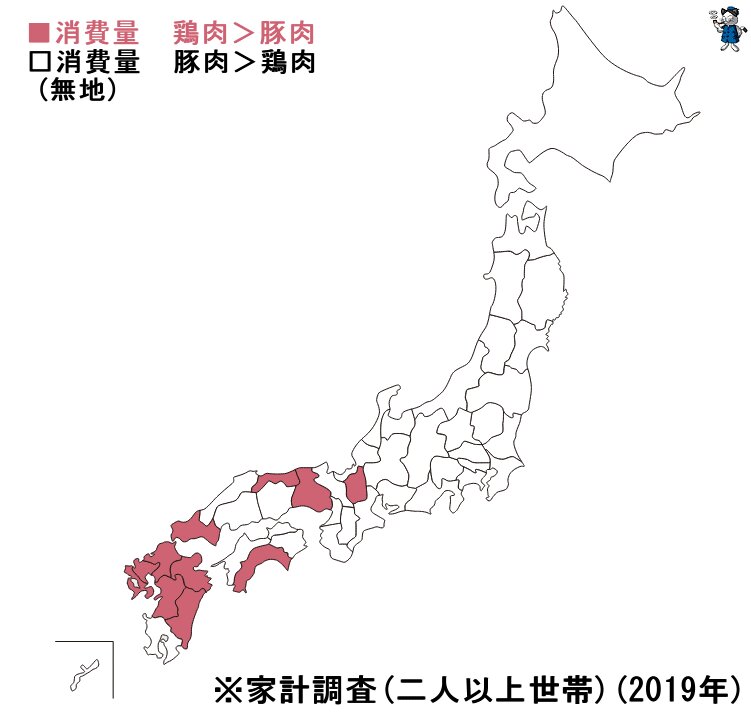 ↑ 豚肉・鶏肉の年間消費量の多少(都道府県別)(2019年)