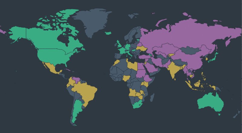 ↑ インターネット上の自由度マップ(緑…自由、黄色…やや自由、紫…不自由、灰…未調査)(2019年)(「Freedom on the Net 2020」から抜粋)