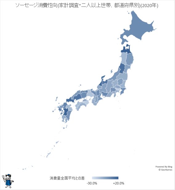 ↑ ソーセージ消費性向(家計調査・二人以上世帯、都道府県別)(2020年)