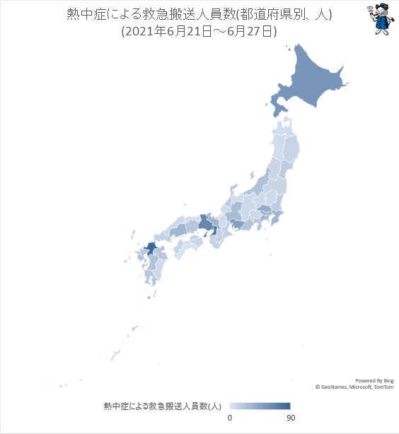 ↑ 熱中症による救急搬送人員数(都道府県別、人)(2021年6月21日～6月27日)