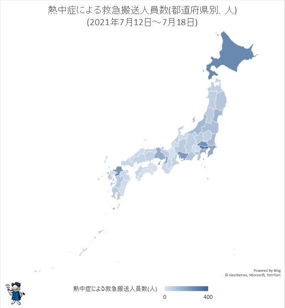 ↑ 熱中症による救急搬送人員数(都道府県別、人)(2021年7月12日～7月18日)