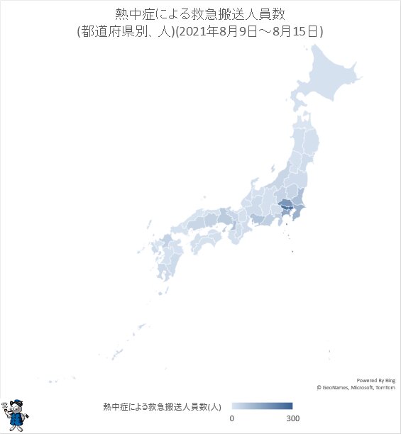↑ 熱中症による救急搬送人員数(都道府県別、人)(2021年8月9日～8月15日)