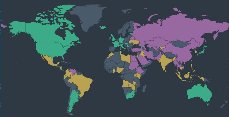 ↑ インターネット上の自由度マップ(緑…自由、黄色…やや自由、紫…不自由、灰…未調査)(2021年)(「Freedom on the Net 2021」から抜粋)