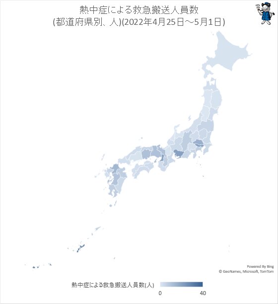 ↑ 熱中症による救急搬送人員数(都道府県別、人)(2022年4月25日～5月1日)