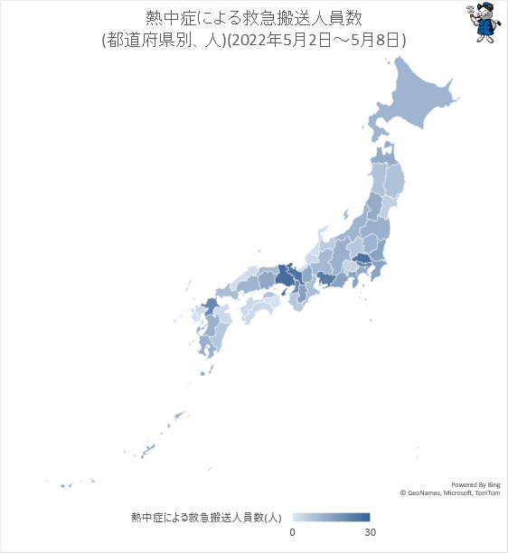↑ 熱中症による救急搬送人員数(都道府県別、人)(2022年5月2日～5月8日)
