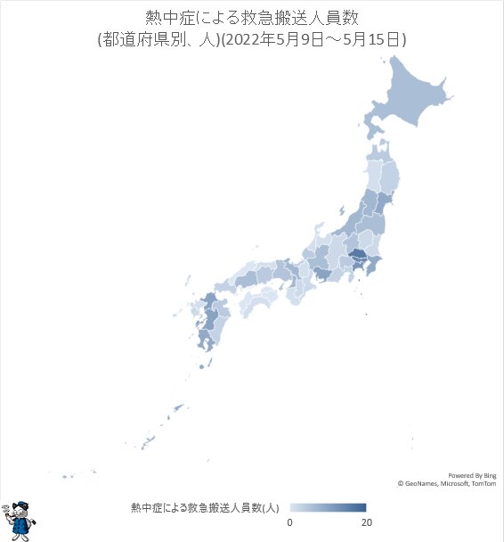 ↑ 熱中症による救急搬送人員数(都道府県別、人)(2022年5月9日～5月15日)