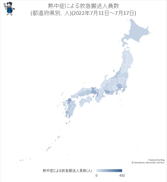 ↑ 熱中症による救急搬送人員数(都道府県別、人)(2022年7月11日～7月17日)