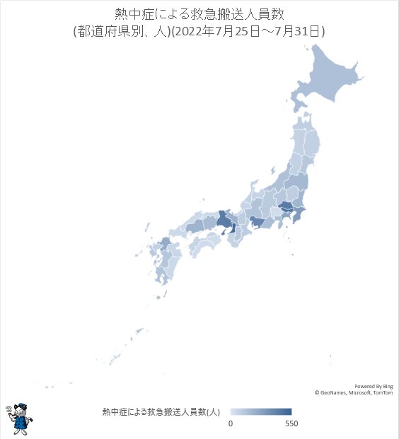 ↑ 熱中症による救急搬送人員数(都道府県別、人)(2022年7月25日～7月31日)