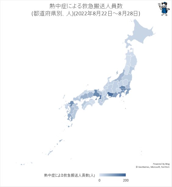 ↑ 熱中症による救急搬送人員数(都道府県別、人)(2022年8月22日～8月28日)