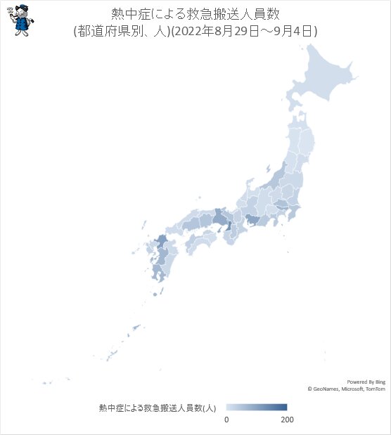 ↑ 熱中症による救急搬送人員数(都道府県別、人)(2022年8月29日～9月4日)
