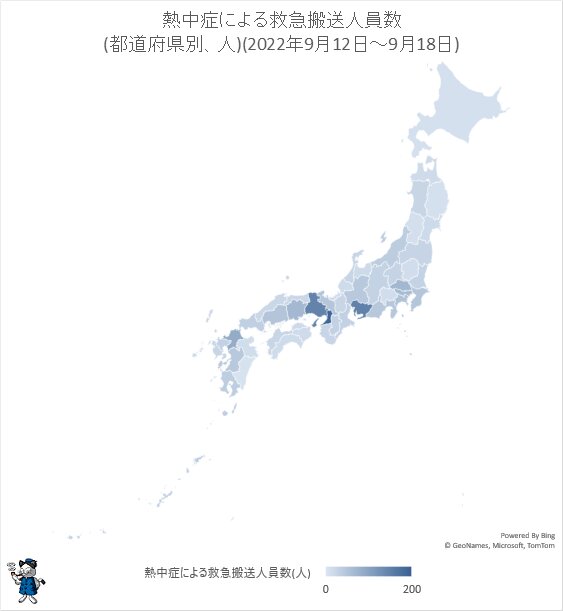 ↑ 熱中症による救急搬送人員数(都道府県別、人)(2022年9月12日～9月18日)