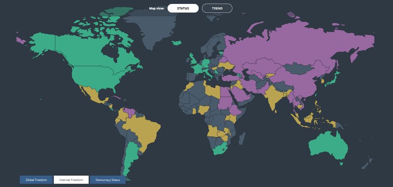 ↑ インターネット上の自由度マップ(緑…自由、黄色…やや自由、紫…不自由、灰…未調査)(2022年)(「Freedom on the Net 2022」から抜粋)