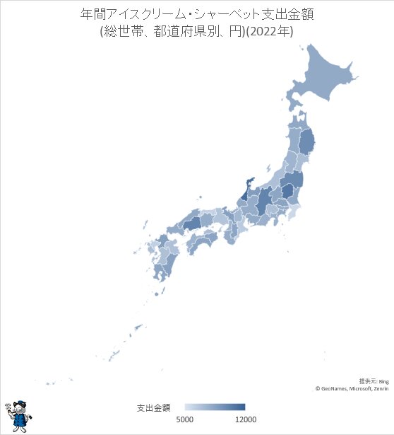 ↑ アイスクリーム・シャーベットの年間支出金額(総世帯、都道府県別、円)(2022年)
