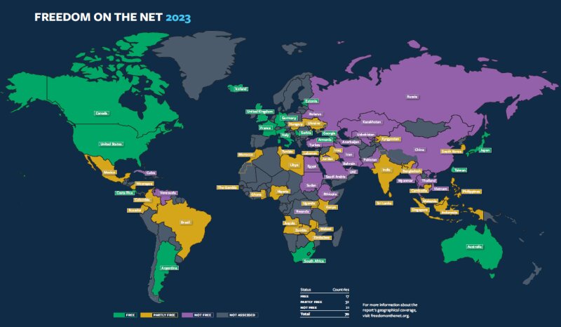 ↑ インターネット上の自由度マップ(緑…自由、黄色…やや自由、紫…不自由、灰…未調査)(2023年)(「Freedom on the Net 2023」から抜粋)