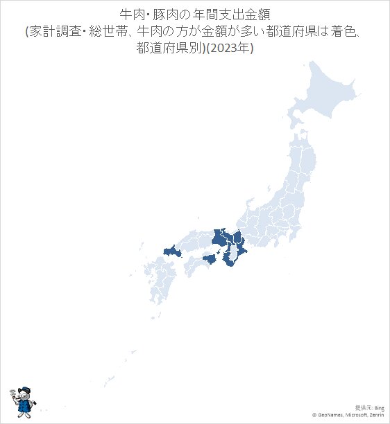 ↑ 牛肉・豚肉の年間支出金額(家計調査・総世帯、牛肉の方が金額が多い都道府県は着色、都道府県別)(2023年)
