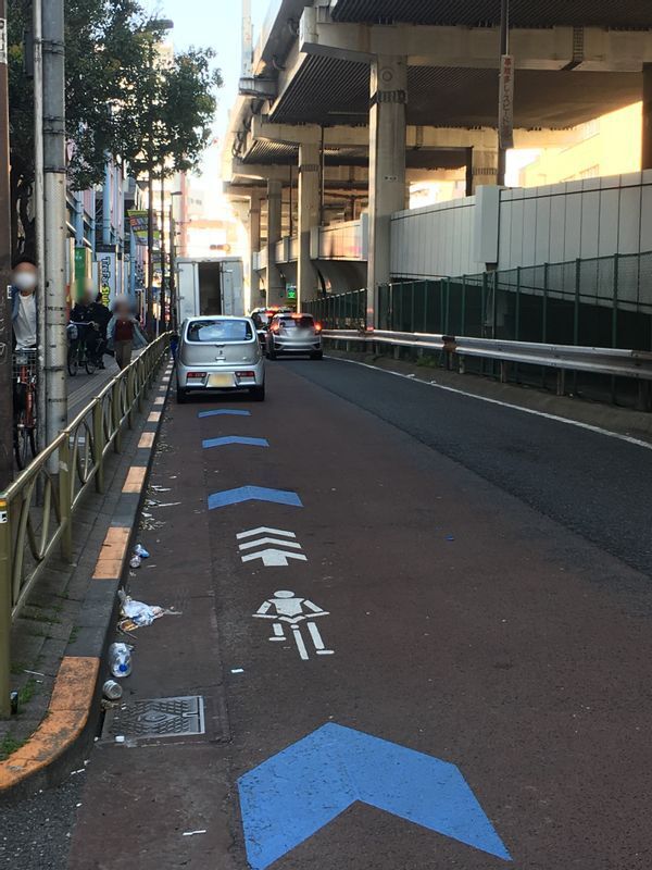 ごみや段差、路上駐車するクルマが集中する道路左（筆者撮影）